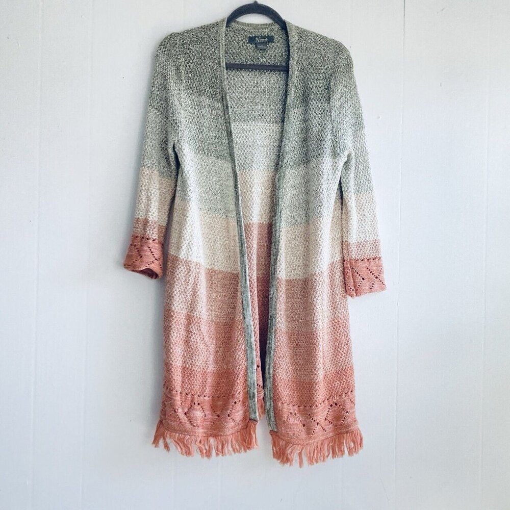 Natural Reflections Duster Sweater Peach Multicolor Ombré Long Lacy Cardigan M - Picture 1 of 9